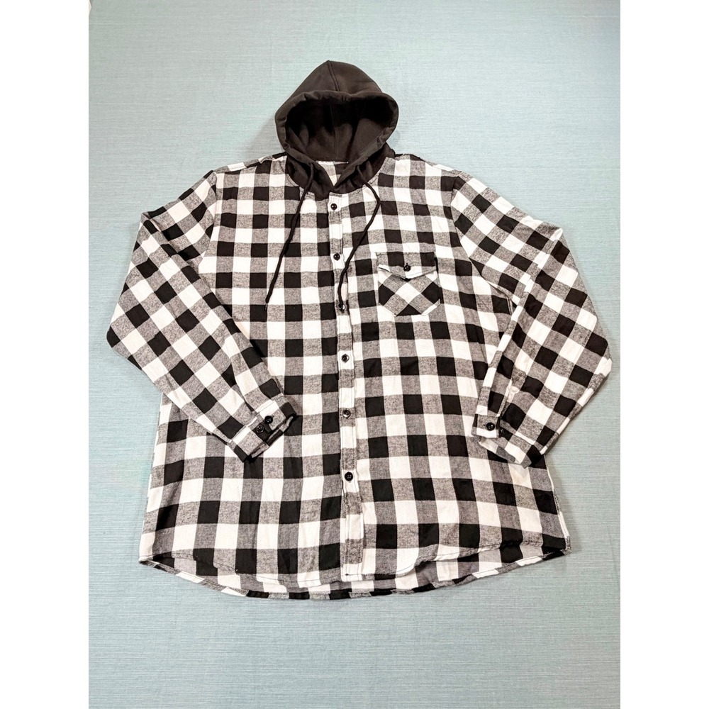Buffalo Plaid Hooded Button Up Shirt Black White Checkered Long Sleeve 0862